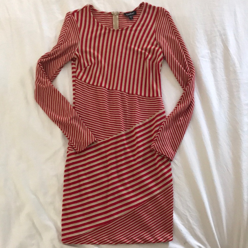 Bebe body con long sleeve dress.  Red & tan